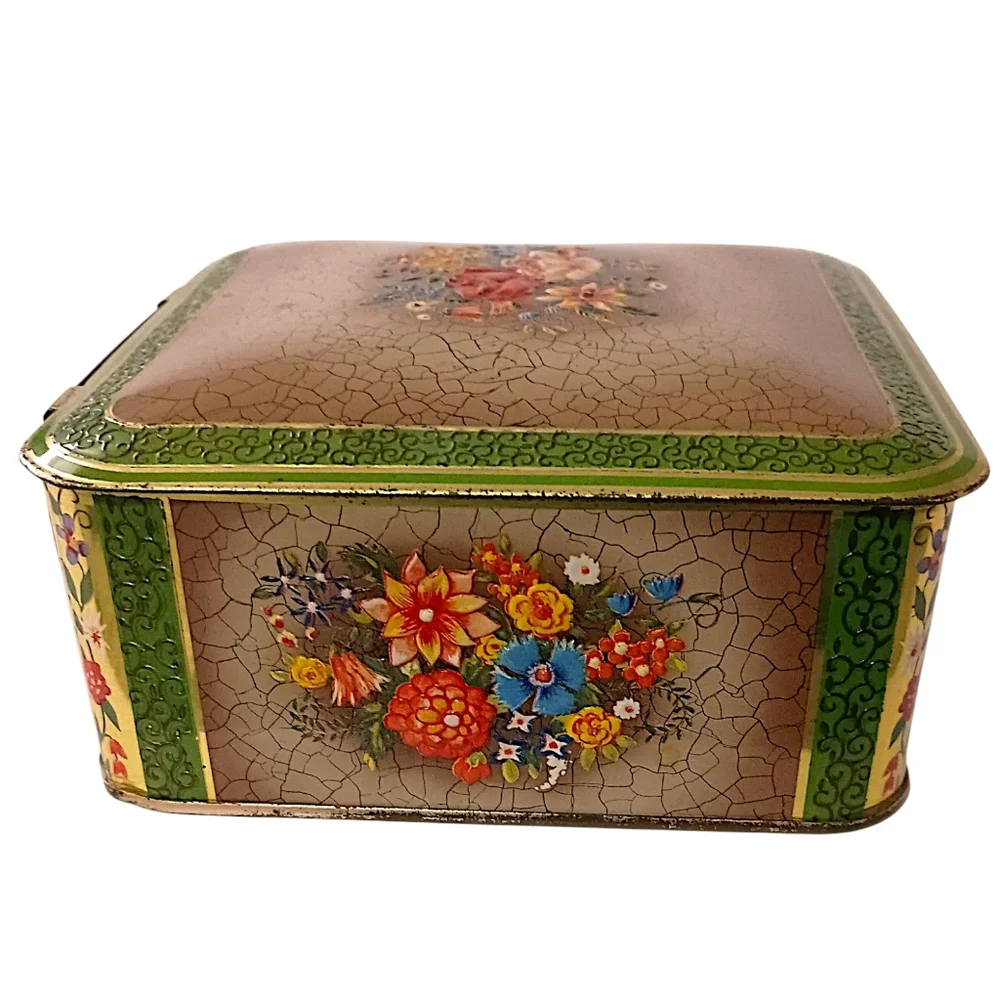 Vintage Tin Container Green Floral Hinged Square Made In Holland Victorian Style